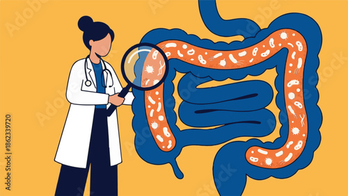 Doctor Examining Human Intestine with Magnifying Glass for Microbiome Study