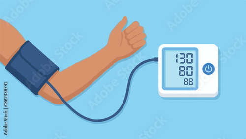 Arm with blood pressure cuff and digital monitor displaying results