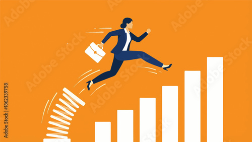 Businesswoman leaping over growing bar graphs, symbolizing career success and progress