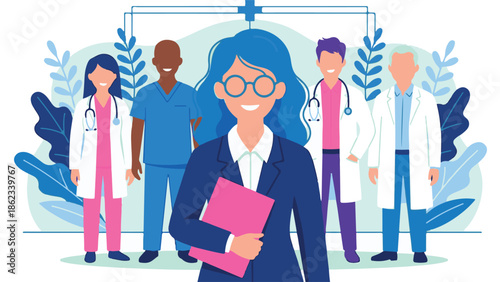 Diverse medical team, doctors, nurses, and smiling healthcare manager