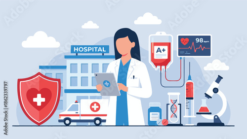 Medical and healthcare concept with doctor, hospital, and essential equipment