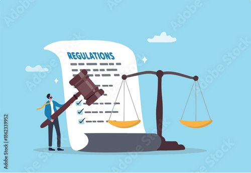 Regulations, law or rules, authority, legislation or government lawsuit, legal document justice or courthouse, verdict or punishment concept, businessman hold gavel with scale and regulation document