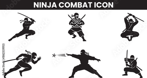 Silhouette ninja icons depicting action poses and combat readiness