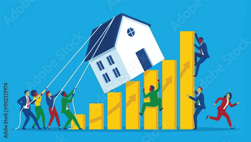Teamwork stabilizing house on rising financial chart, real estate market