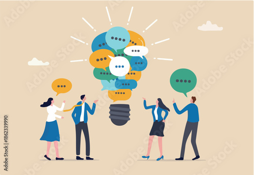 Effective communication, meeting discussion or conversation solution, speak or telling intelligence information, team opinion new idea concept, business people discuss with lightbulb speech bubble