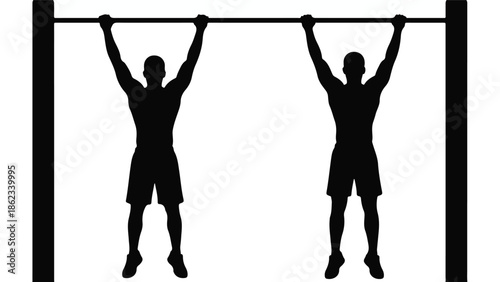 Two male silhouettes hanging on pull-up bar, fitness workout illustration