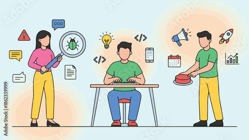 Tech Team Collaborating on App Development, Testing, and Project Launch