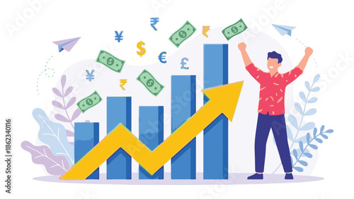 Happy man celebrating financial growth and business success with rising chart