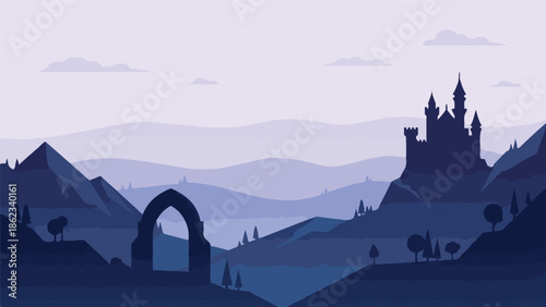 Fantasy landscape illustration with castle, archway, and layered mountains