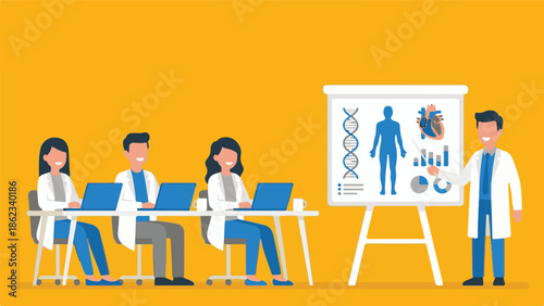 Medical team collaborating in a research meeting with scientific presentation