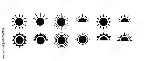 Minimal Black Sun Icons Set for Summer Weather and Morning Energy