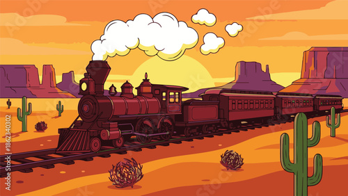 Retro red steam train traveling through a western desert landscape at sunset