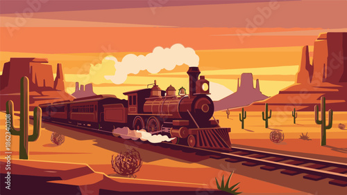 Vintage Steam Train Traversing a Vibrant Desert Landscape at Sunset