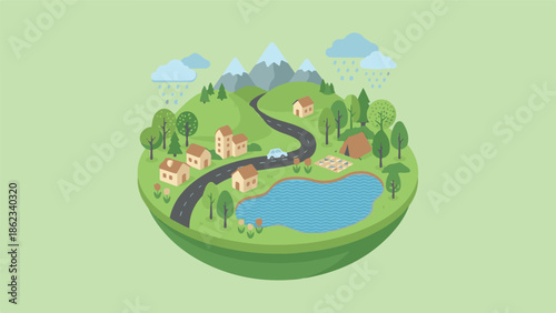 Idyllic Nature Landscape with Village, Road, Car, Lake, and Mountains