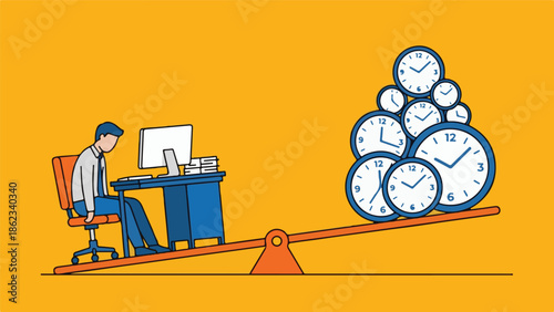 Time management and work-life balance concept with man and heavy clocks