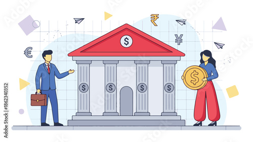 Business people making financial transactions at bank institution illustration