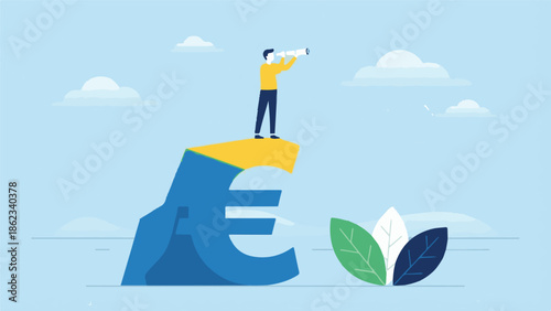 Businessman on Euro symbol looking through telescope for future investments