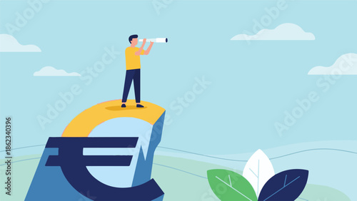 Man with telescope on rupee symbol, looking for financial opportunities