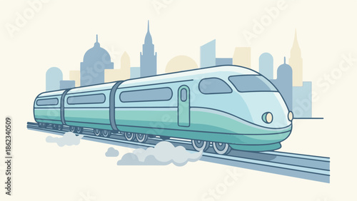 Modern high-speed passenger train with city skyline in flat design