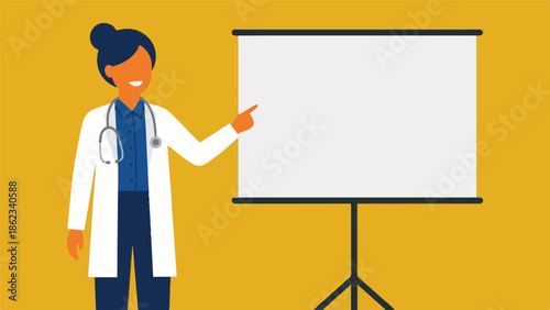 Female doctor pointing to a blank presentation screen, healthcare concept
