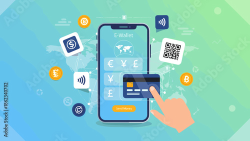 Mobile Payment App Interface with Credit Card and Digital Icons.