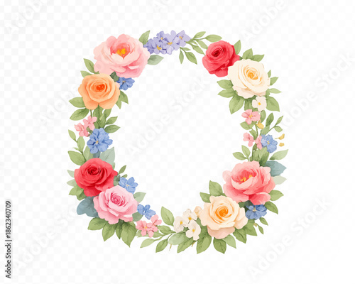 Watercolor Floral Wreath with Roses and Greenery Isolated on Transparent Background