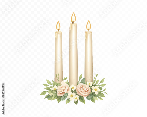 Watercolor Style Wedding Candles with Flowers Vector Illustration Isolated on Transparent Background