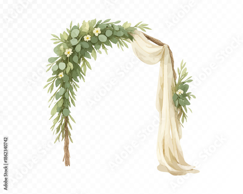 Watercolor Floral arch with fabric Greenery Vector Illustration Isolated on Transparent Background