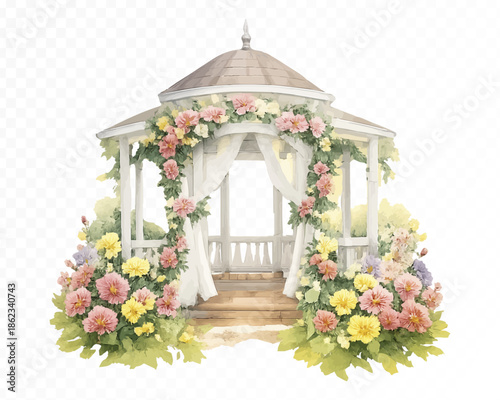 Watercolor Style Wedding Pavilion with Flowers Vector Illustration Isolated on Transparent Background