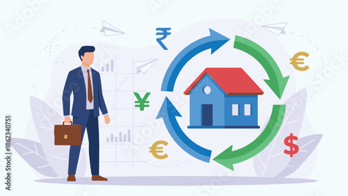 Financial professional, real estate, and global currency exchange concept