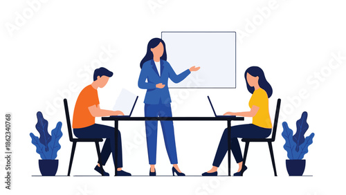 Professional business meeting with presenter and employees on laptops