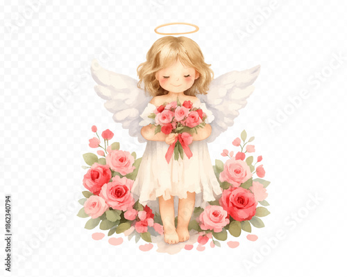 Watercolor Angel Girl with Flowers and Halo Isolated on Transparent Background
