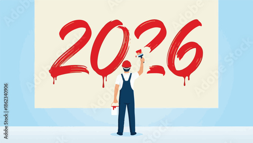 Man painting the year 2026 in red on a wall, new year and future concept