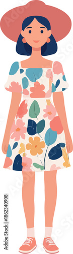 A flat vector illustration shows a young woman wearing a wide-brimmed hat and a colorful floral summer dress, standing calmly in a clean modern style.