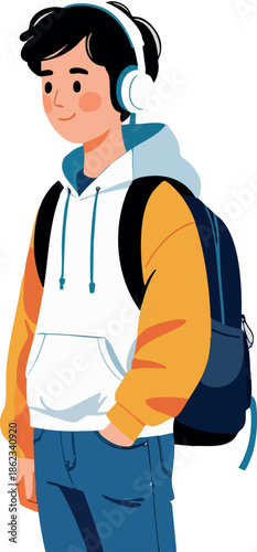 A flat vector illustration depicts a young man wearing headphones, a hoodie, and a backpack, calmly listening to music in a modern casual style.