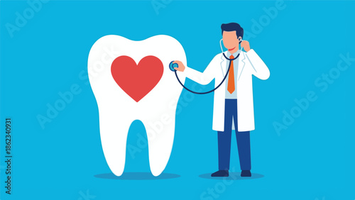 Dentist examining tooth with stethoscope and heart for dental health