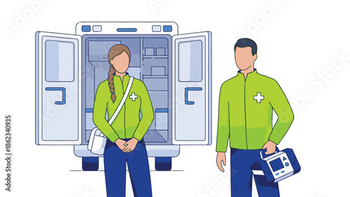 Paramedics standing by open ambulance with medical supplies