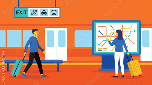Urban travelers navigating public transport system in a subway station