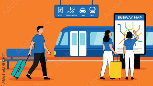 Passengers navigating a subway station, checking map and transport signs