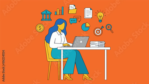 Productive businesswoman working on laptop with financial and business icons