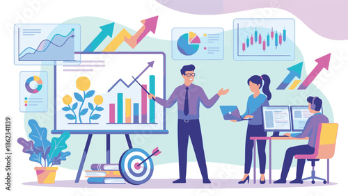 Business team analyzing financial growth data and investment strategy