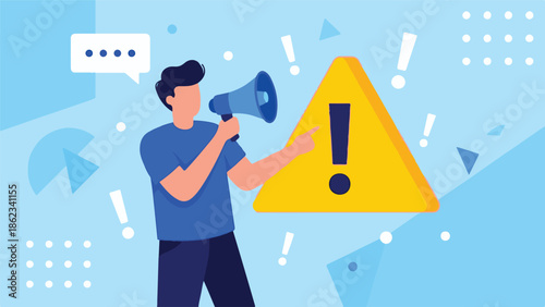 Man with megaphone pointing at warning sign, important announcement concept