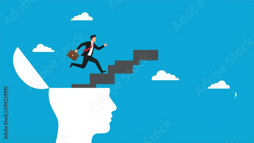 Businessman running up stairs emerging from open head for success concept