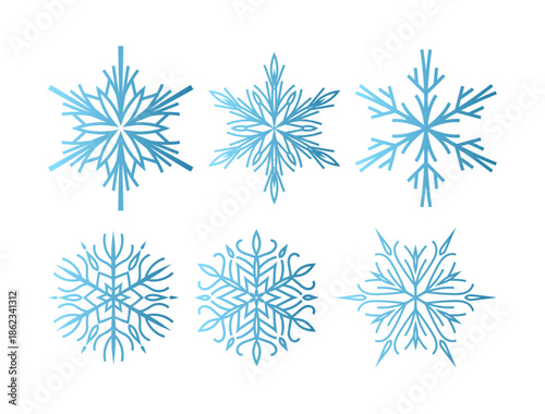 Set of six minimalist vector snowflakes with a blue gradient effect. Flat geometric design featuring various symmetrical crystal shapes isolated on a white background. Modern winter icons for holiday 