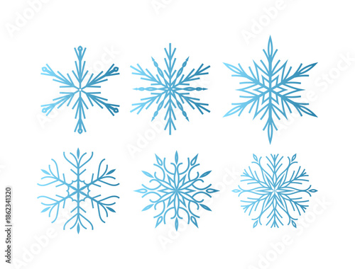 Set of six minimalist vector snowflakes with a blue gradient effect. Flat geometric design featuring various symmetrical crystal shapes isolated on a white background. Modern winter icons for holiday 