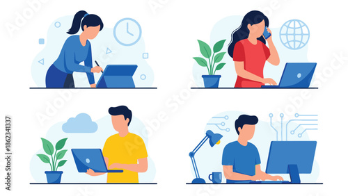 Modern professionals working on digital devices for remote communication and tasks