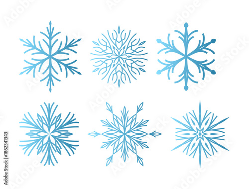 Set of six minimalist vector snowflakes with a blue gradient effect. Flat geometric design featuring various symmetrical crystal shapes isolated on a white background. Modern winter icons for holiday 