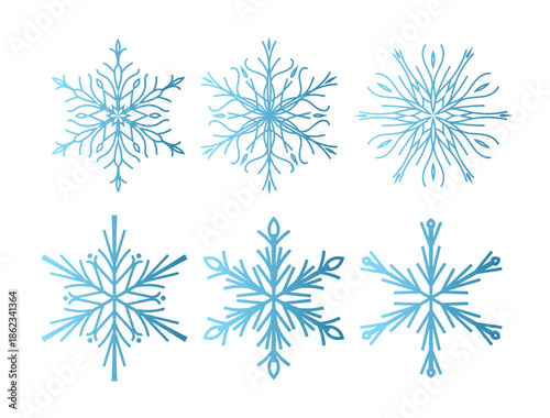 Set of six minimalist vector snowflakes with a blue gradient effect. Flat geometric design featuring various symmetrical crystal shapes isolated on a white background. Modern winter icons for holiday 
