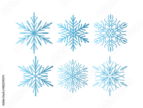 Set of six minimalist vector snowflakes with a blue gradient effect. Flat geometric design featuring various symmetrical crystal shapes isolated on a white background. Modern winter icons for holiday 
