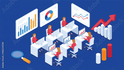 Isometric view of business team analyzing data for financial growth